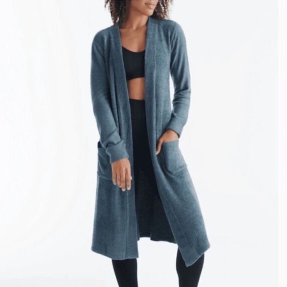 KNIX Cozzzy Soft Long Cardigan Pockets Side Slits Sweater Oversized Stretch Blue